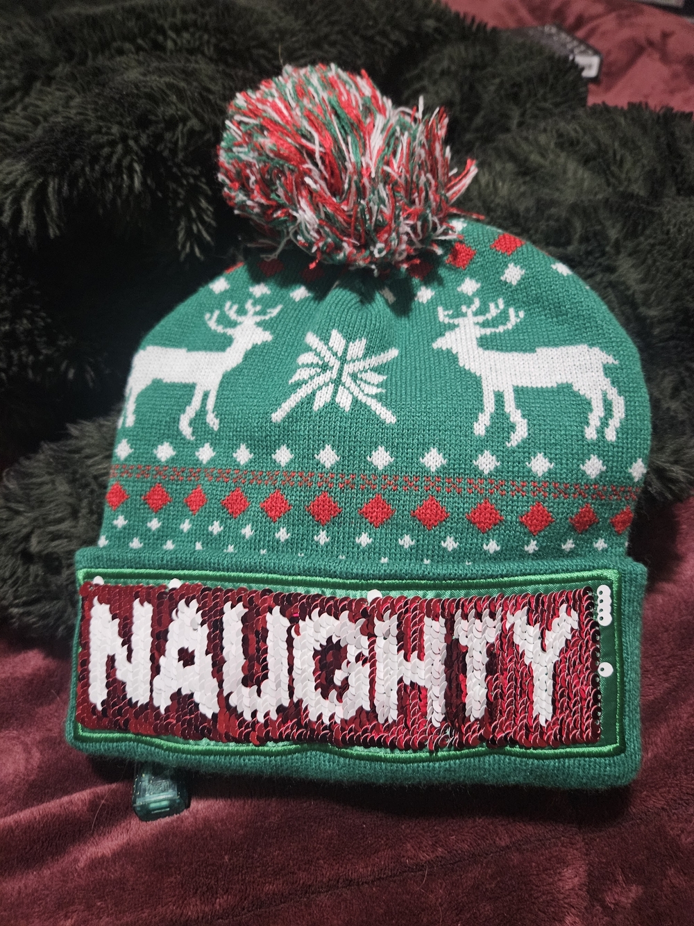 Green 'Naughty/Nice' Pom-Pom Winter Beanie Hat